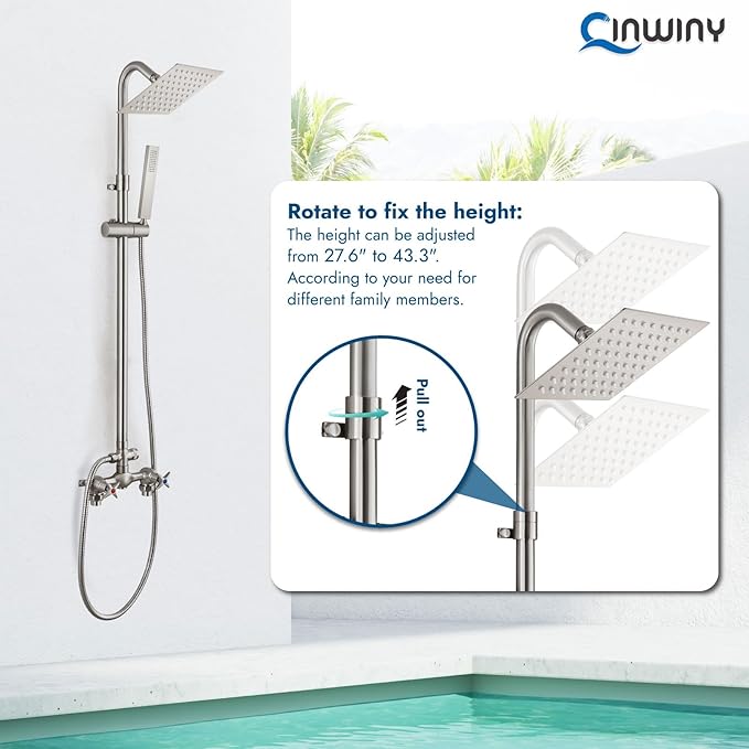 Wall Mounted Outdoor Shower Set Brushed Nickel 6 Inch Square Rainfall Shower Head with Hand Held Spray Double Cross Handles with Adjustable Slide Bar Exterior Dual Function Shower Kit