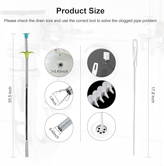 35.5inch Flexible Hair Drain Clog Remover Tool(1pcs), 17.8inch Cleaning Brush(2pcs), Hair Catcher Drain Auger Cleaner Tool Set for Pipe, Toilet, Kitchen Sink, Bathroom Tub, Sewer, (2+1)