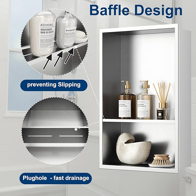 Neodrain 12X18 Inch Brushed Shower Niche, Double Shelf Stainless Steel No Tile Needed Bathroom Cabinet, Two Layer Recessed Built-in Wall Niche Waterproof