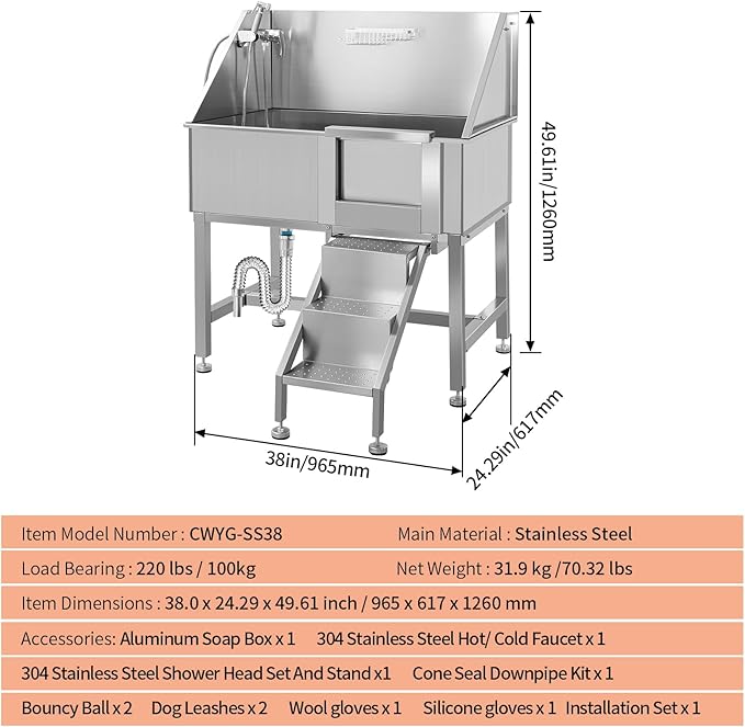 38" Stainless Steel Dog Cat Pet Grooming Bath Tub (w/Faucet, Sprayer, Shampoo Rack),Right Door