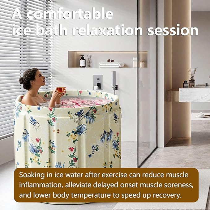 Portable Bath Tub for Adult, Foldable Soaking Bathtub for Hot SPA&Ice Bath, Foldable Small Bathtub Collapsible Tub for Bathing, Quick Setup No Installation (Noble Flower,25.9X27.5 IN)