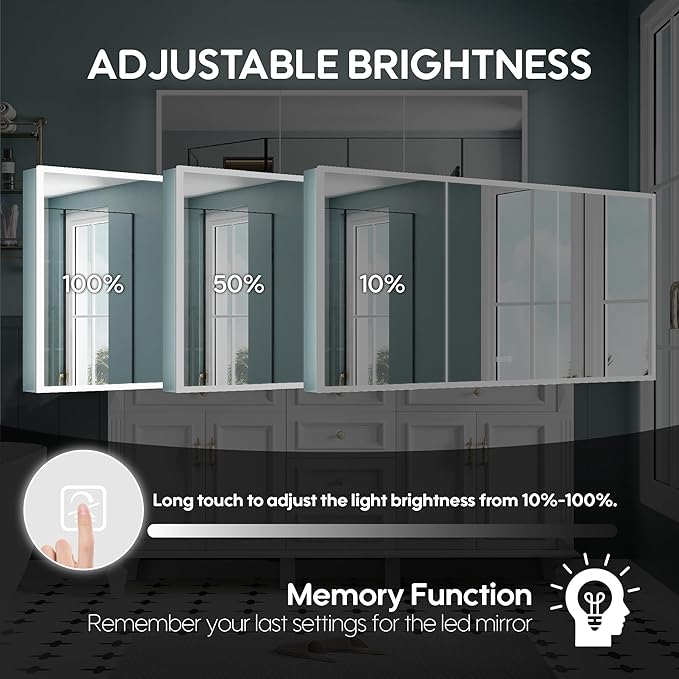 WELLFOR 60" X 30" LED Mirrored Bathroom Cabinet with 3X Magnification Makeup Mirror, Medicine Cabinet with Defog Mirror, Dimmer, Outlets & USB Ports, Bathroom Mirrored Cabinet with Three Opening Doors