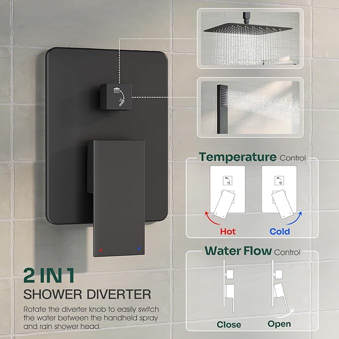 Ceiling Mount Shower Faucet Set, Black Shower System with 10-Inch Rain Showerhead and Handheld Spray Combo, High-Pressure Showerheads Set with Valve and Trim Kit, Matte Black