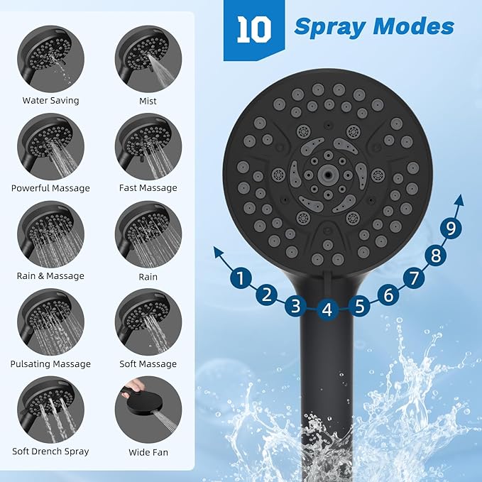 Hibbent cUPC Certified All Metal 10" Rainfall Showerhead Combo, High Pressure Shower Head with 10-Spray Mode Handheld, Innovative 4-way Diverter with Pause Mode, 71'' Shower Hose and Holder, Black