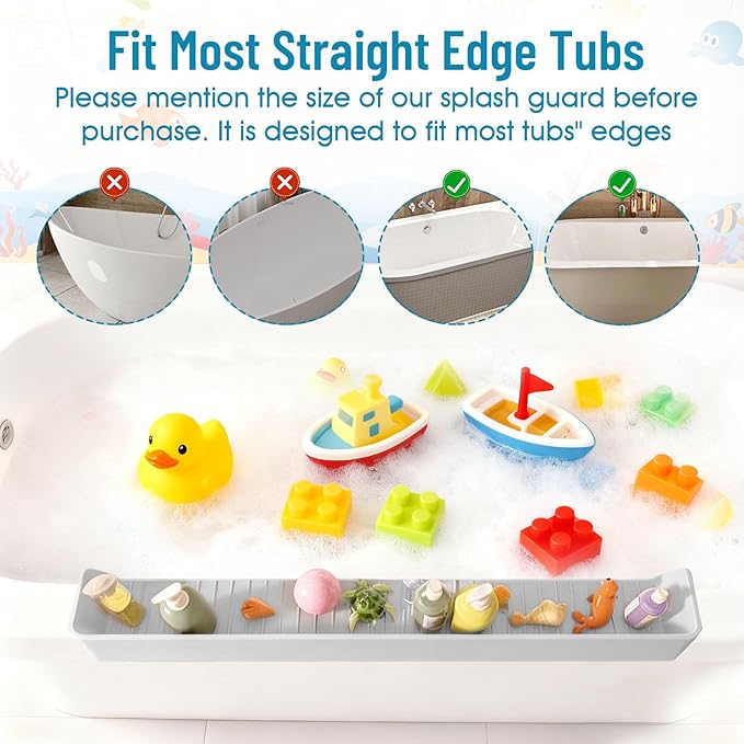 Splash Guard for Bathtub Kids, Longer Silicone Bathtub Splash Guard with 11 Suction Cups, Bath Tub Play Shelf for Kids & Toy Holder, Prevent Water Spill in Bathroom, Grey
