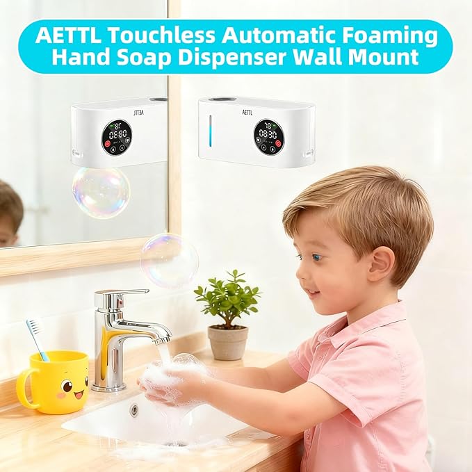 Touchless Automatic Foaming Hand Soap Dispenser Wall Mount,Kitchen Bathroom,Modern Smart Home,USB Type-C Rechargeable,Long Battery Life,Time and Temperature Display,5-Level Adjustable,16.9 oz