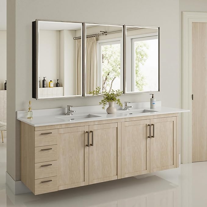Pre-Assembled Surface or Recessed Medicine Cabinet Mirror-60x30 Brushed Nickel Bathroom Medicine Cabinet with Mirror & Rustproof Aluminum Frame, Beveled Bathroom Vanity Mirror with Storage