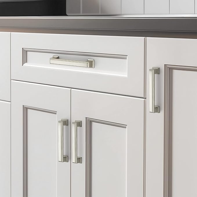 Ravinte Hardware 10 Pack Brushed Nickel Cabinet Pulls, 3-3/4 Inch (96mm) Hole Center Zinc Alloy Drawer Handles for Kitchen Cabinets, Cupboards, Dressers, Square Solid Metal Hardware