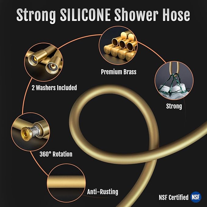 Shower Hose, Food-Grade Silicone Shower Hose Attachment for Handheld Shower Head, Kink-Free Shower Head Hose Extension Extra Long, Shower Hose Replacement with Premium Brass, 70 Inches, Gold