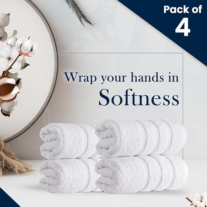 HALLEY Turkish 4 Pack Premium Hand Towels (4 Pieces) 650 GSM Highly Absorbent Super Soft 100% Cotton - 4 Hand Towels (White)
