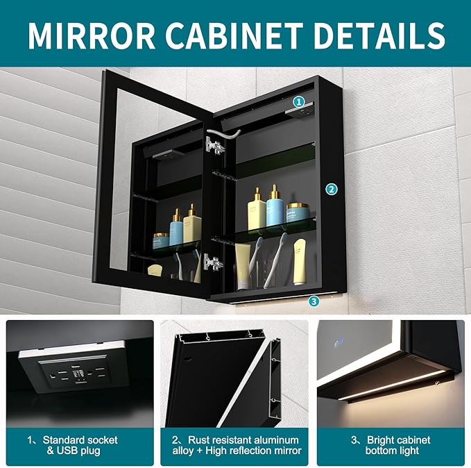 Lighted Medicine Cabinet with Mirror, 20 x 28 inch LED Bathroom Cabinet with Anti-Fog, Dimmable 3 Colors Front & Bottom Light, Buit-in Sockets & USBs, 2 Shelves, Plug-in or Hardwired