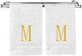 Monogrammed Hand Towel, Personalized Initial Gift, Extra Absorbent 100% Turkish Cotton - Soft Terry Finish - Set of 2 - Gold Block Initial M - Embroidered on White Towels