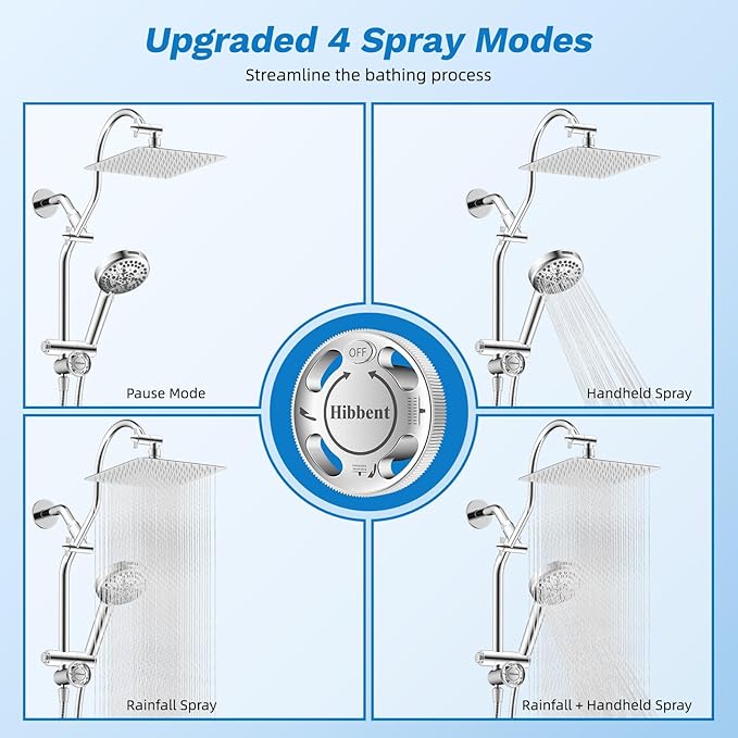 Hibbent cUPC Certified All Metal 10" Rainfall Showerhead Combo, High Pressure Shower Head with 10-Spray Mode Handheld, Innovative 4-way Diverter with Pause Mode, 71'' Shower Hose and Holder, Chrome