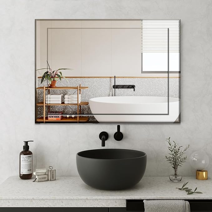 VASUHOME 22x32 Inch Frameless Double Layered Mirror with Polished Beveled Edge, HD Walll Vanity Mirror - Ideal for Bathroom, Living Room, Washroom, and Bedroom