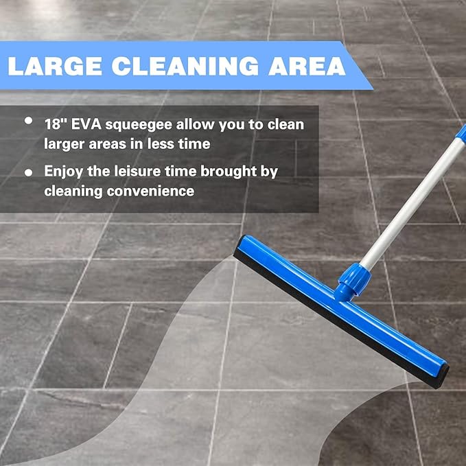 18" Floor Squeegee with 43" Adjustable Aluminum Handle Light Duty Magic Broom for Floor,Garage Courtyard Shower Bathroom Floor Marble Glass Tile Water Foam Cleaning