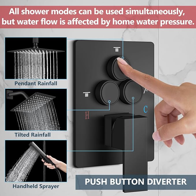 Aolemi Shower Faucet Set Ceiling Mount Shower System Rough-in Valve and Shower Trim Kit 10 and 6 Inch Dual Shower Head 2 in 1 Handheld Spray Push Button Diverter Matte Black