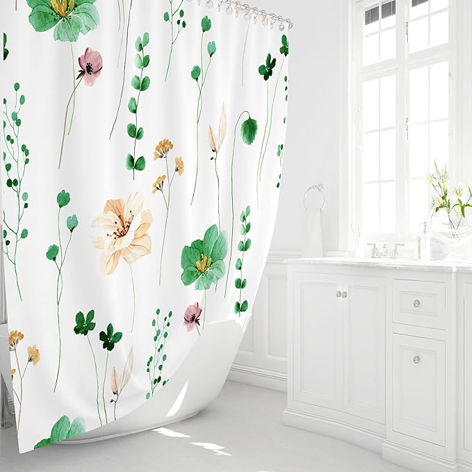 Gibelle Watercolor Floral Shower Curtain, Emerald Green Beige Flower Shower Curtain for Bathroom, Modern Minimalist Waterproof Fabric Shower Curtain Set 72x72 Inch