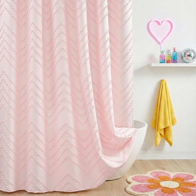 Pink Shower Curtain Boho Shower Curtains for Bathroom Girly Cute Shower Curtain Tufted Chervon Textured Stripes Modern Minimalist Bathroom Decor 72x72