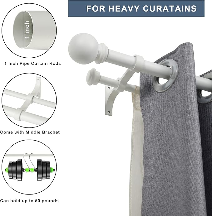 Double Curtain Rod 84 to 120 inch, Adjustable 1 inch Double Drapery Rod Rods for Windows and Doors with Ball Round Finials and Premium Aluminum Brackets Set(84-120",Matte White)