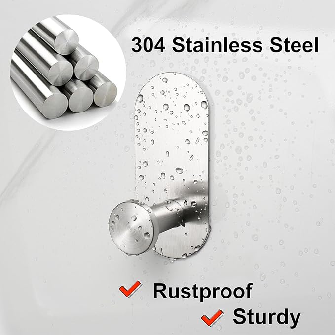TocTen Adhesive Hook - 3 Pack Heavy Duty Sticky Towel/Robe Hook, Waterproof Stainless Steel Shower Hook, No Drill Stick on Wall Coat/Clothes Hooks for Bathroom, Kitchen, and Offices(Brushed Nickel)