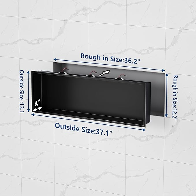 Neodrain Wall Niche with Non-dim LED Downlight - Matte Black Stainless Niche No Tile Needed 36x12 inch Shower Storage Niche