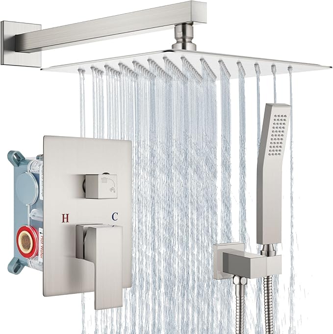 Aolemi Shower Faucet Set Rain Shower System with Handheld Spray Bathroom Shower Combo Rough-in Valve and Shower Trim Kit Included Brushed Nickel 12 Inch Wall Mount Shower Head