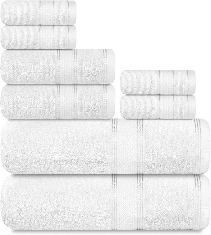 Casa Lino Bath Towel Set of 8 (2 Bath Towels, 4 Wash Cloths & 2 Hand Towels for Bathroom) - 100% Cotton - Highly Absorbent & Quick Dry - Guest Room Essentials for Bathroom Set - (White)