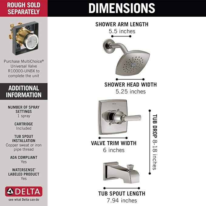 Delta Faucet Ashlyn 14 Series Single-Handle Tub and Shower Trim Kit, Shower Faucet with Single-Spray Touch-Clean Shower Head, Stainless T14464-SS (Valve Not Included)