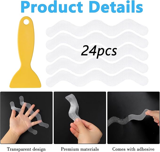 24pcs Anti Slip Shower Stickers, Non Slips Shower Strips with Premium Scraper, Clear Wave-Shaped Bathtub Non Slip Stickers for Bath Tub Showers Stairs Non-Slip