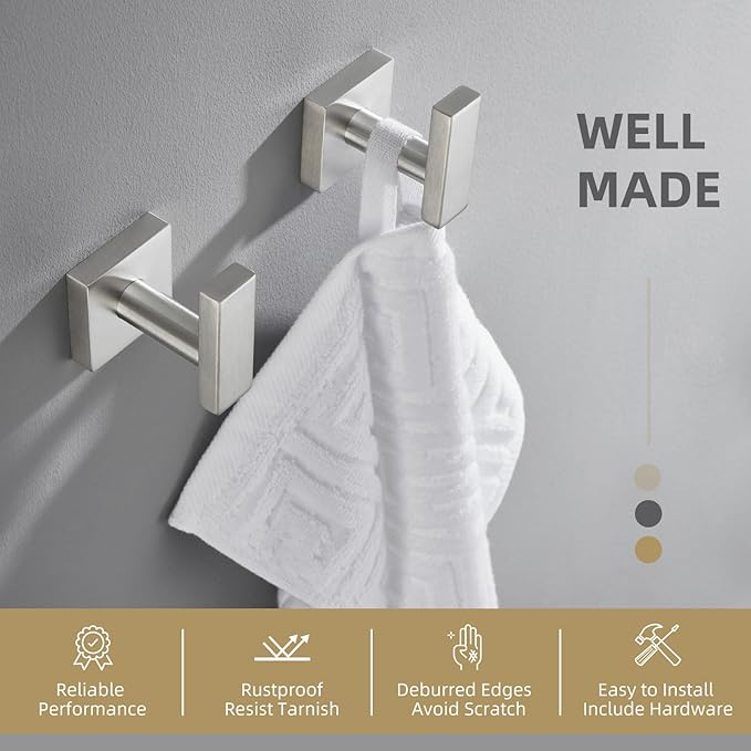 Angle Simple Bathroom Towel Hook 2 Pack, SUS304 Stainless Steel Bath Robe Holder, Modern Coat Hook Wall Mounted, Brushed Nickel