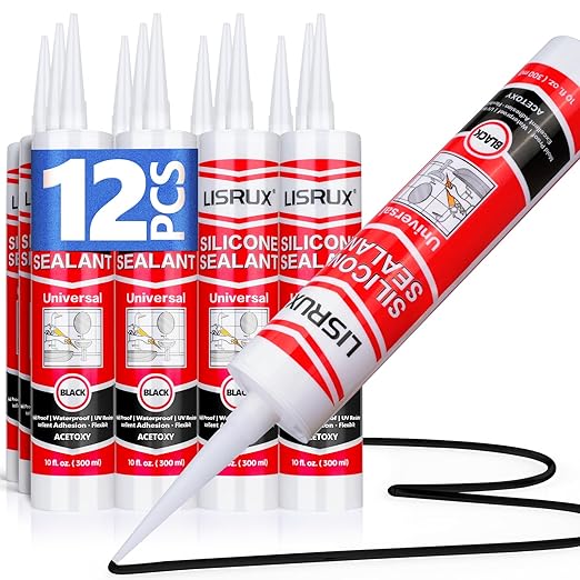 Black RTV Advanced Silicone Sealant & Caulk (12x10 fl.oz), 100% Silicone Black Caulking Waterproof for RV, Kitchen, Bath, General Use, Window, Door, Glass, Marine, Low Odor & Anti Shrink