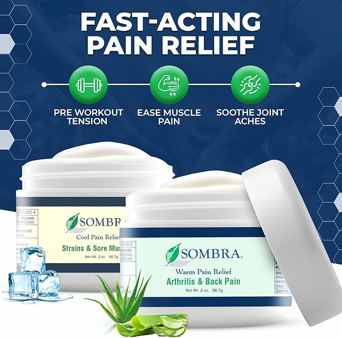 Sombra Warm & Cool Pain Relief Gel, Warm Relief for Arthritis and Chronic Pain Pre-Workout Muscle Rub, Cold for Swelling, Soreness, Post-Workout, Free of Artificial Fragrances, 2oz Per Jar