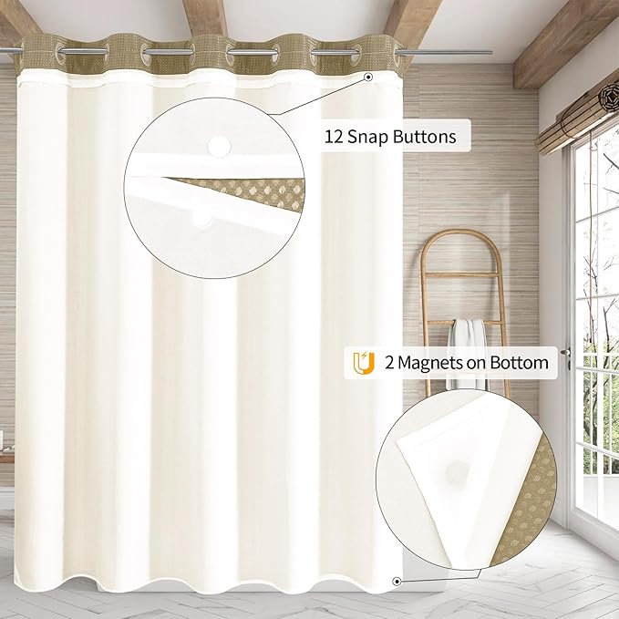 MitoVilla No Hooks Needed Beige Waffle Shower Curtain Liner Set, Modern Waffle Weave Heavy Duty Fabric Cloth Shower Curtain with Snap-in Liner for Luxury Neutral Hotel Spa Bathroom Decor 72 x 74