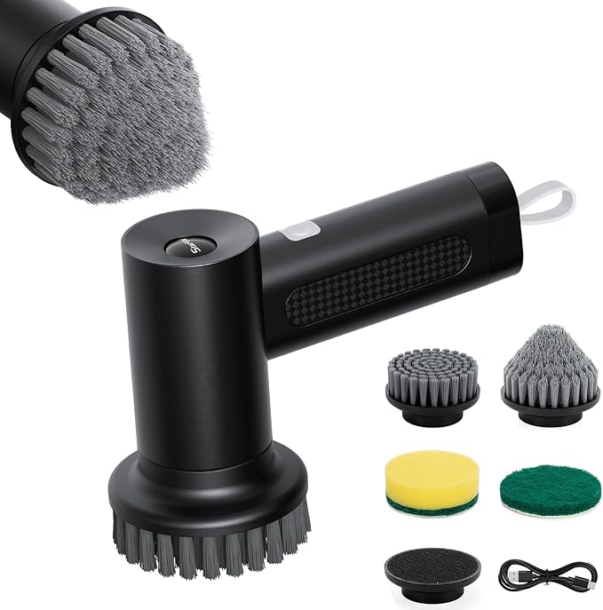 Electric Spin Scrubber, 2000 mAh Cordless Power Scrubber with 4 Replaceable Heads, 2 Speeds Portable Scrubber for Cleaning Sink/Stove/Corner/Tile/Grout/Bowl (Black)
