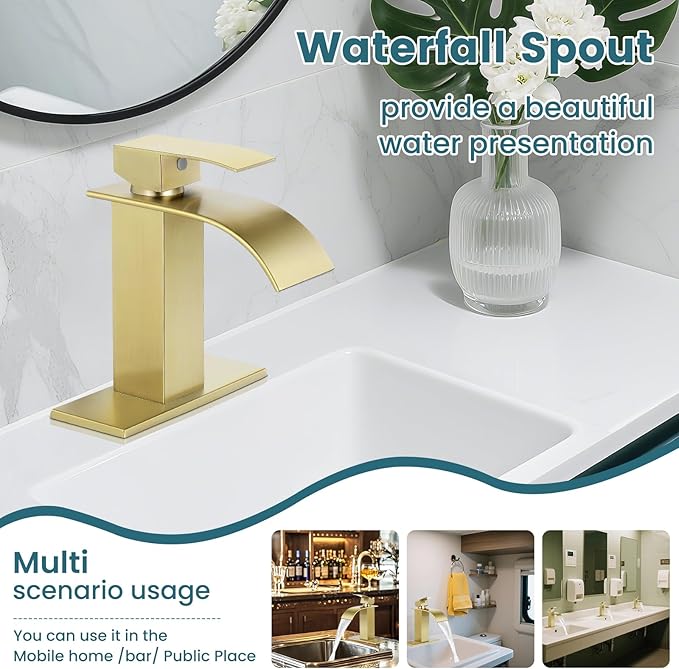 Bathroom Faucets Brushed Gold Waterfall Bathroom Sink Faucet Modern Single Handle Bathroom Faucet for 1 or 3 Hole Mxier Tap Washbasin Faucet with Deck, Pop-up Drain and Supply Hoses