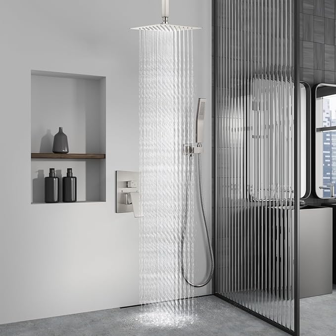 Aolemi Ceiling Mount Shower System Rain Shower Head with Handheld Spray High Pressure Shower Faucet Set Rough-in Valve Shower Trim Kit Included Bathroom Brushed Nickel 8 Inch Ceiling Shower Head