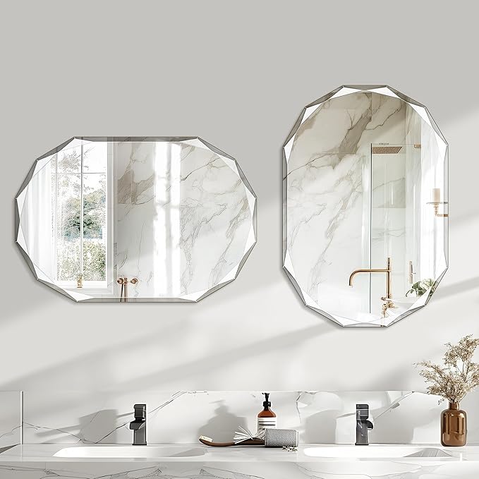 Bathroom Mirror for Wall, 26" x 38" Oval Bathroom Vanity Mirror, Beveled Edge Frameless Wall Mount Vanity, Wall Decorative Irregular Beveled Edge Mirror