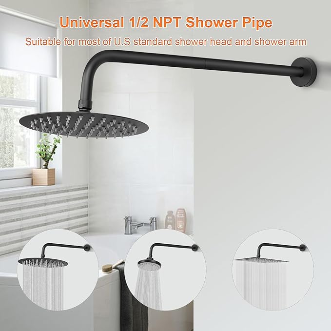 HarJue Shower Arm with Flange and Teflon Tape, Wall Mounted Shower Pipe 304 Stainless Steel Extension Arm for Fixed Shower Head & Handheld (20 Inch, Matte Black)