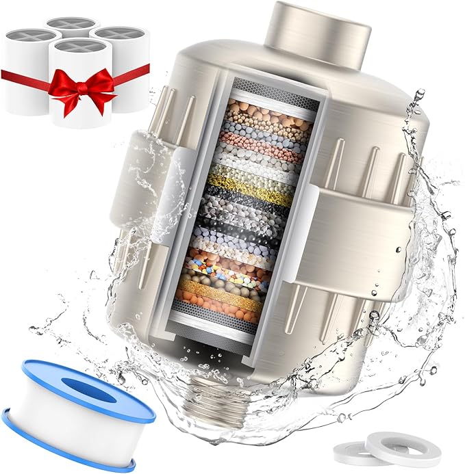 Shower Water Filter - 24 Stage Shower Filter Shower Head Filter for Hard Water with 4 Replaceable Filter Cartridges Protects Your Skin and Hair from Chlorine and Heavy Metals in Water, Brushed Nickel