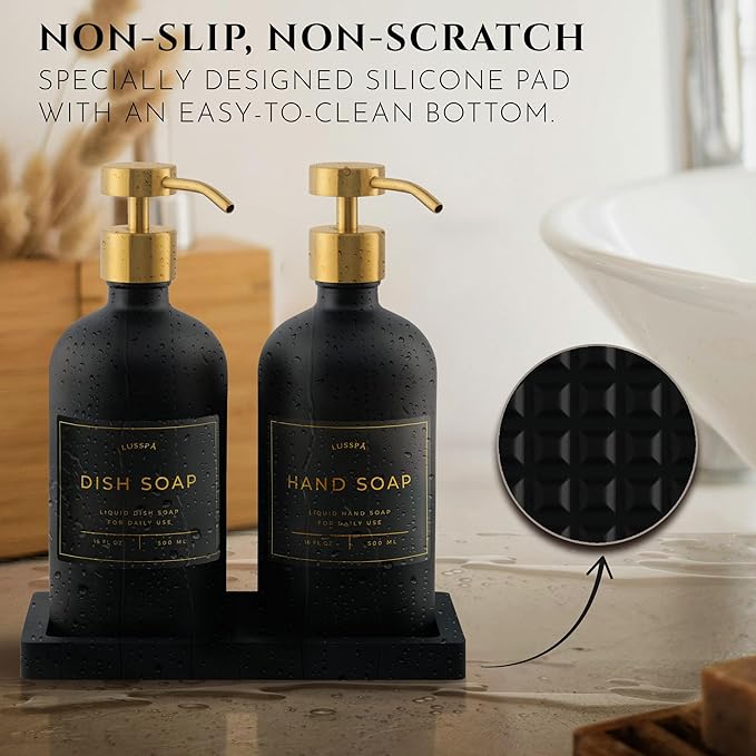 Lotion, Hand & Dish Soap Dispenser for Kitchen Sink - Bathroom Soap Dispenser Set of 2 16.8 Oz Glass Bottles with Stainless Steel Pump, 15 Water Proof Labels & Silicon Tray (Black/Gold)