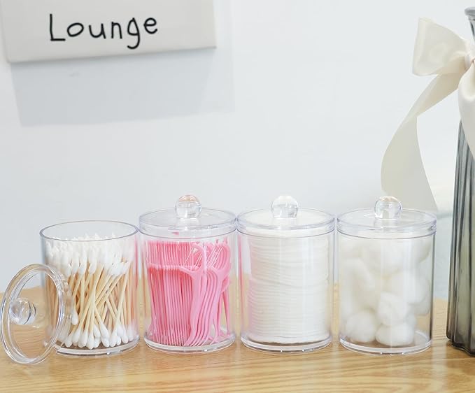 2 Pack Acrylic Qtip Holder Dispenser,Bathroom Canisters Apothecary Jar Set, Vanity Makeup Storage Organizer Set,10 oz