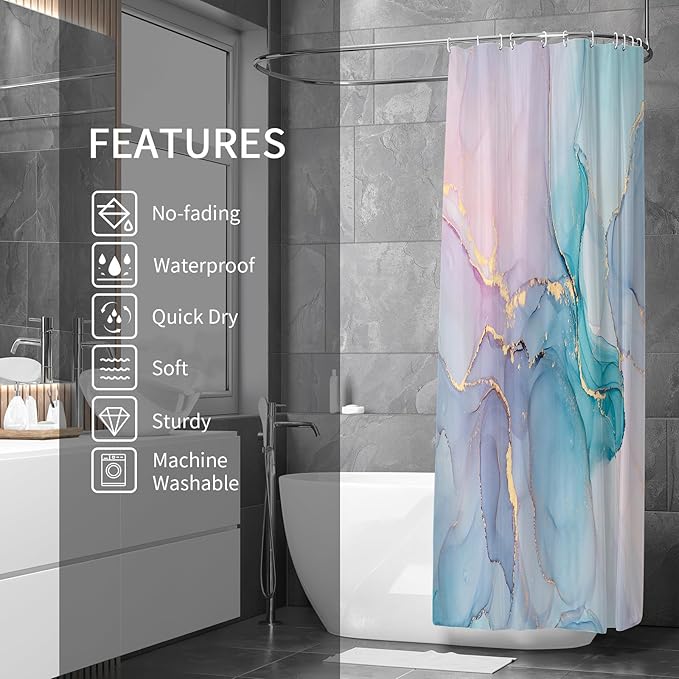Gibelle Extra Long Shower Curtain 72 x 84, Tall Abstract Marble Shower Curtain, Pink Turquoise Modern Ink Art Waterproof Fabric Shower Curtain Set with Hooks