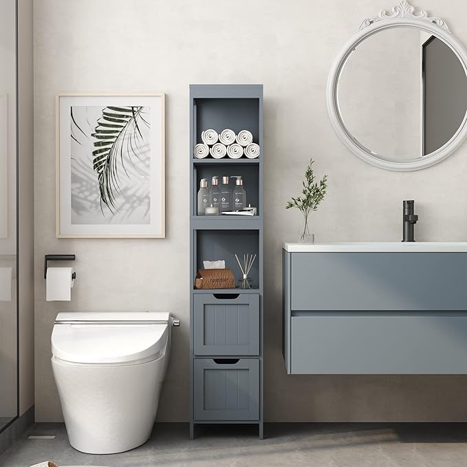 HOMEFORT Bathroom Storage Cabinet, Slim Tall Cabinet, Narrow Floor Cabinet Organizer, Wooden Linen Tower with 2 Drawers and 3 Shelves, Freestanding Storage Cupboard Grey