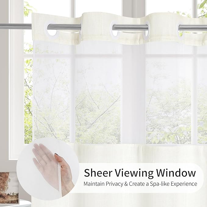 MitoVilla No Hooks Required Farmhouse Shower Curtain with Snap-in Liner - with Window & Magnets, Boho Cotton Linen Fabric Shower Curtains with Tassels for Rustic Bathroom Decor, Ivory, 72 x 74