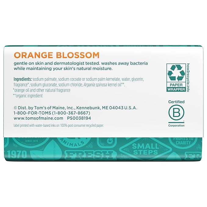 Tom’s of Maine Natural Beauty Bar Soap For Women and Men, Orange Blossom, 5 oz Bar (Pack of 6)
