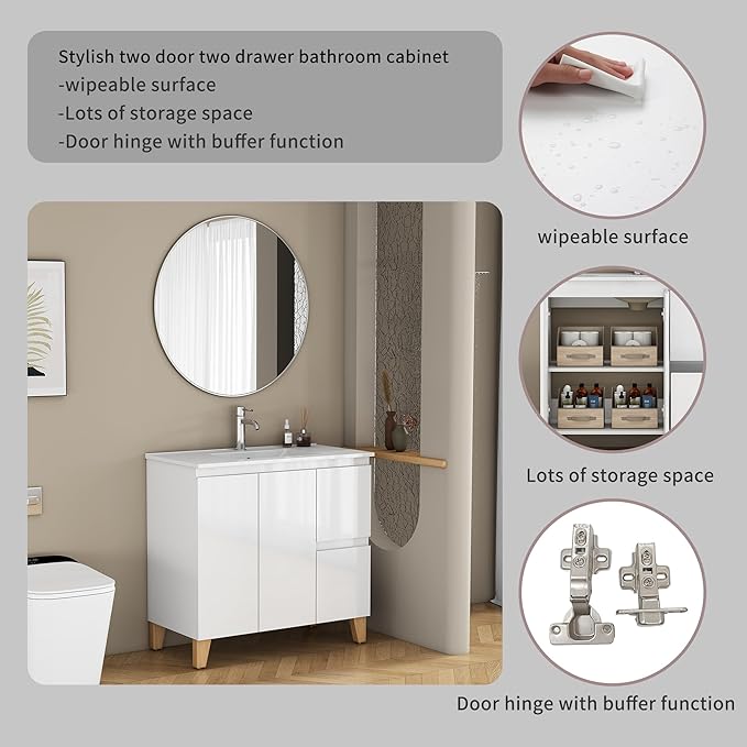 36" Freestanding Bathroom Vanity with Sink, High Gloss White Cabinet, Mid-Century Solid Wood Legs, 2 Doors & 2 Side Drawers, Scandi Modern Storage for Master Bath