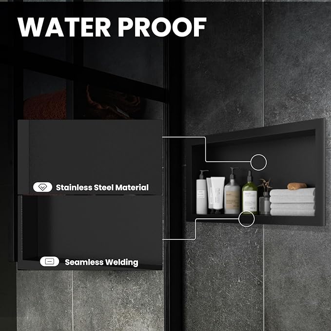 Stainless Steel Shower Niche 12" x 24", Single-Layer Wall Mounted No Tile Needed, Recessed Shower Niche with Hollow Partition, Shower Niches Shelf for Bathroom Organizer, Black