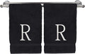 Monogrammed Hand Towel, Personalized Initial Gift, Extra Absorbent 100% Turkish Cotton - Soft Terry Finish - Set of 2 - White Block Initial R - Embroidered on Black Towels