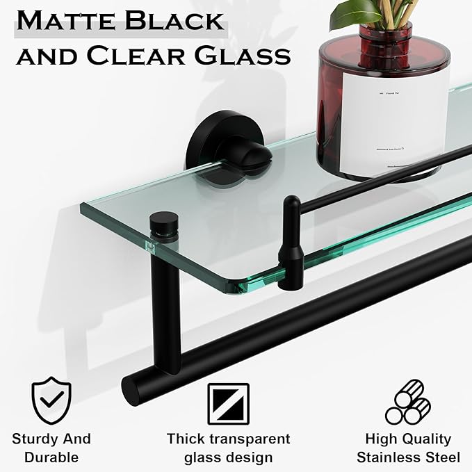 Towel Rack with Tempered Glass Shelf for Bathroom 24 Inch, Matte Black Towel Holder Wall Mount Storage Rustproof SUS304 Stainless Steel Towel Hanger