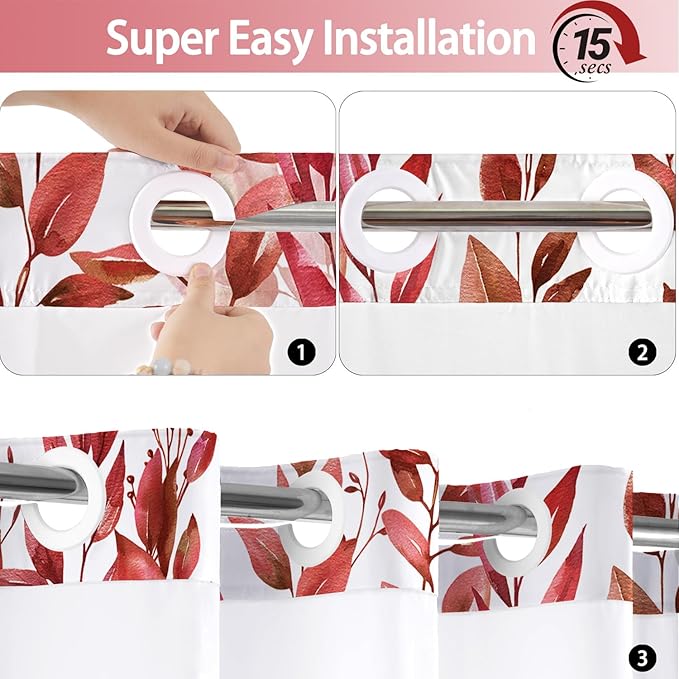 No Hook Shower Curtain and Liner Set, Red Eucalyptus Floral Shower Curtains for Bathroom, Bath Curtain Sets with Snap in Liner, Waterproof with See Through Top Window, 71x74 Inches